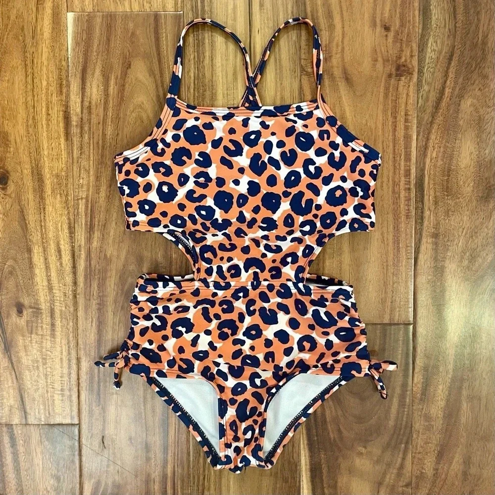 Cat & Jack Girls Swimsuits Yellow Floral 2 Piece & Leopard Print 1 Piece Size 4